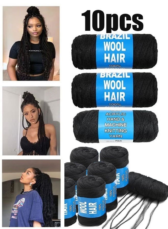 Ailily 10 Roll Black Acrylic Yarn Hand Knitting Brazilian Wool Hair for Braids-Jumbo Braid, Faux Locs, and Crochet Styles (100% Brazilian Wool, 70g per Pack) - Image 1