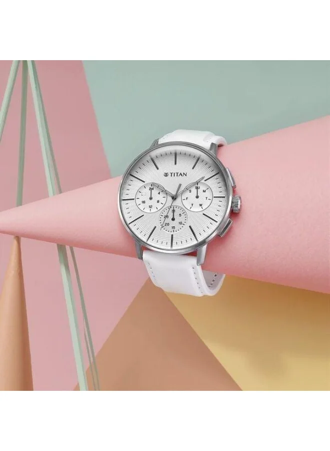 TITAN Light leathers Quartz Multifunction Silver Dial White Leather Strap Watch for Men - 90200SL04