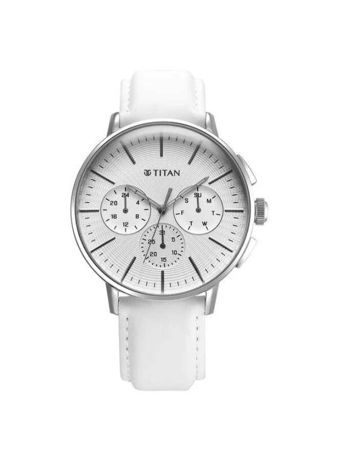 TITAN Light leathers Quartz Multifunction Silver Dial White Leather Strap Watch for Men - 90200SL04
