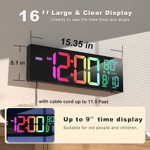 JALL 16" Large Digital Wall Mount Clock, Count Down Timer, Alarm, Big LED, 8 RGB Color, DST, Temperature for Living Room Classroom Desk, Xmas, Birthday Gift for Senior Mom Dad (Black, 16 inches) - Image 2