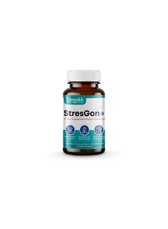 Tansukh StresGon 60 Capsules 500mg | Reduces Anxiety | Helps in Stress Management | 100% Ayurvedic Herbal Supplement | Vegeterian Capsules - Image 1