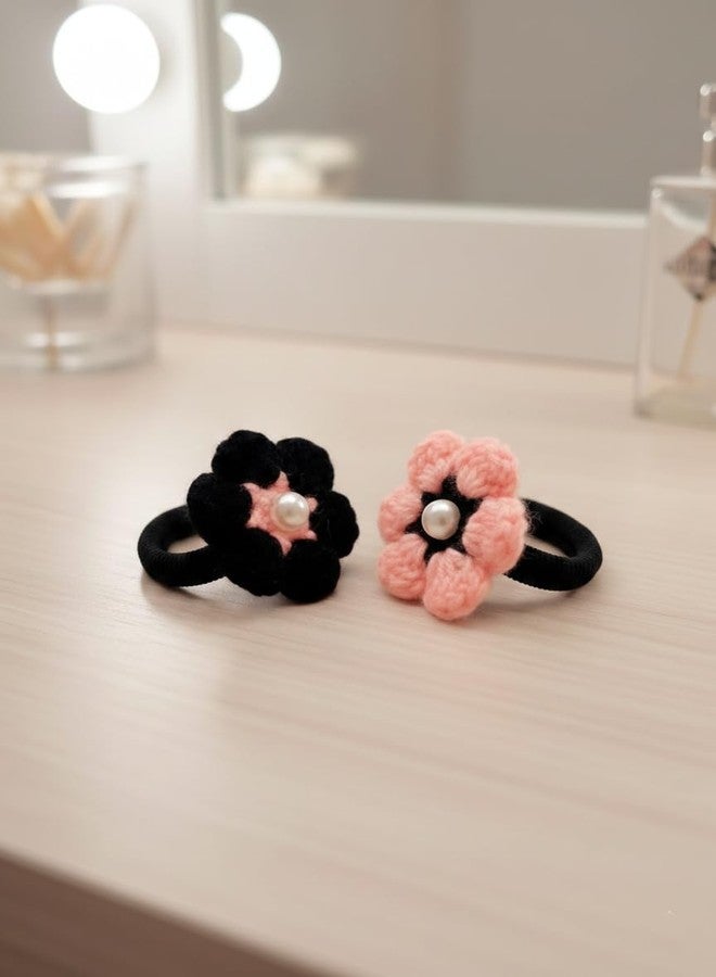 DORMITORRY Cute Handmade Crochet Flower Hair Tie for Girls and Kids, Soft Cotton Elastic Scrunchie, Stretchable Ponytail Holder, Floral Boho Hair Accessory Gift, Pack Of 2 Pcs [ Pich & Black Color ] - Image 1