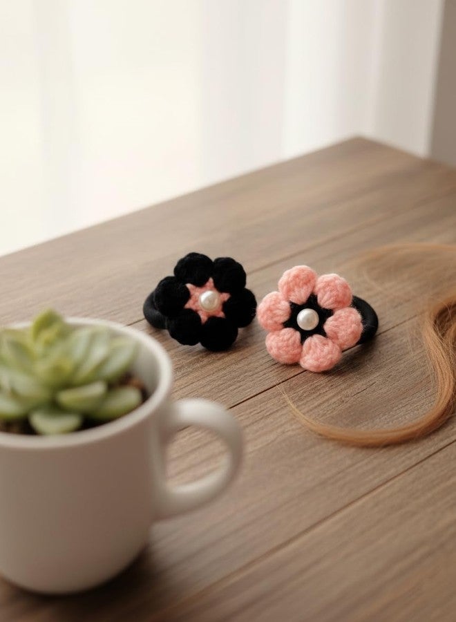 DORMITORRY Cute Handmade Crochet Flower Hair Tie for Girls and Kids, Soft Cotton Elastic Scrunchie, Stretchable Ponytail Holder, Floral Boho Hair Accessory Gift, Pack Of 2 Pcs [ Pich & Black Color ] - Image 4