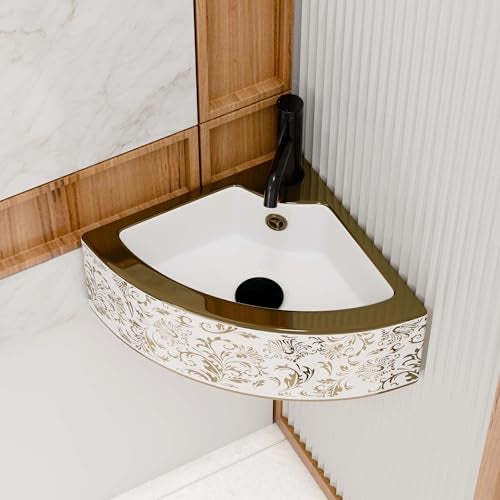 Inart Wash Basin – Table Top Basin for Bathroom, Small Corner Wall Mounted Washbasin Design, Ceramic Handwash Basin for Living Room, Bathroom, Dining Area 43 x 32 x 13 CM, Gold Color - Image 1