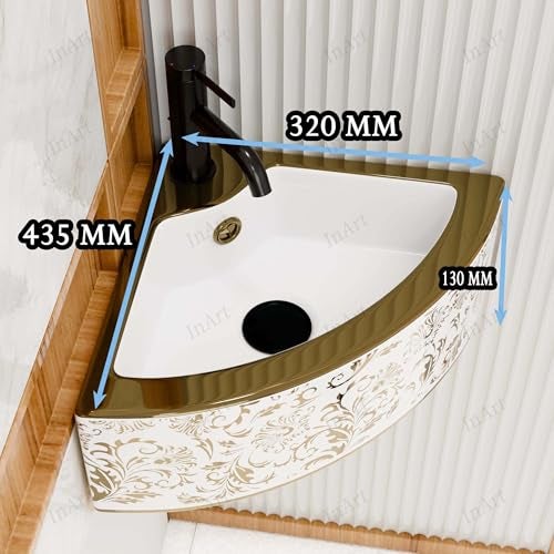 Inart Wash Basin – Table Top Basin for Bathroom, Small Corner Wall Mounted Washbasin Design, Ceramic Handwash Basin for Living Room, Bathroom, Dining Area 43 x 32 x 13 CM, Gold Color - Image 5