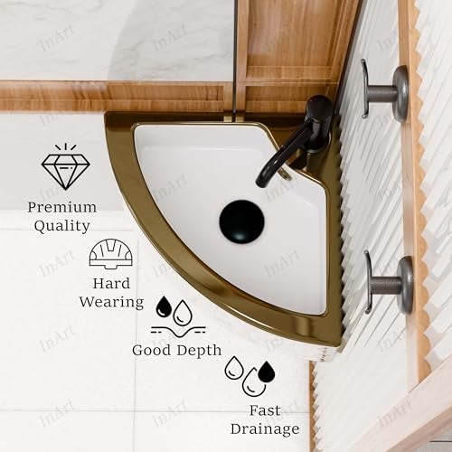 Inart Wash Basin – Table Top Basin for Bathroom, Small Corner Wall Mounted Washbasin Design, Ceramic Handwash Basin for Living Room, Bathroom, Dining Area 43 x 32 x 13 CM, Gold Color - Image 2