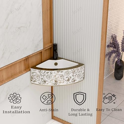 Inart Wash Basin – Table Top Basin for Bathroom, Small Corner Wall Mounted Washbasin Design, Ceramic Handwash Basin for Living Room, Bathroom, Dining Area 43 x 32 x 13 CM, Gold Color - Image 3