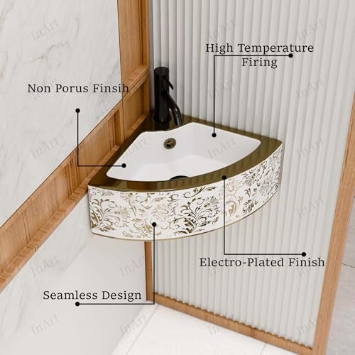 Inart Wash Basin – Table Top Basin for Bathroom, Small Corner Wall Mounted Washbasin Design, Ceramic Handwash Basin for Living Room, Bathroom, Dining Area 43 x 32 x 13 CM, Gold Color - Image 4