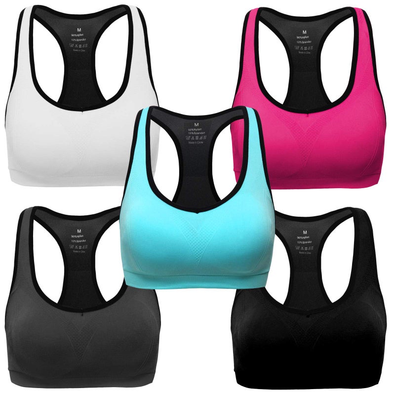 MIRITY Women Racerback Sports Bras - High Impact Workout Gym Activewear Bra Color Black Grey Blue Hotpink White Pack of 5 Size M - Image 1