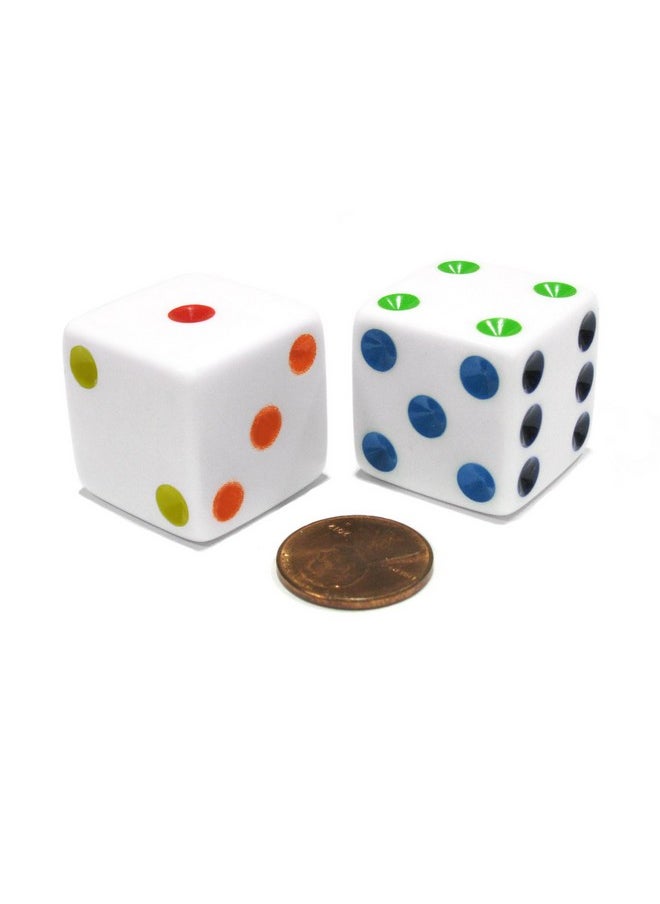 Koplow Games Set of 2 D6 25mm Large Opaque Jumbo Dice - White with Multicolor Pips