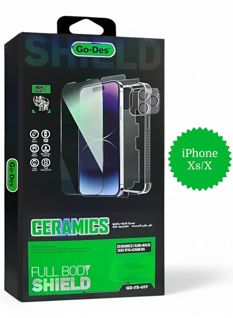 GO-DES Full protection package for iPhone X/XS, Protective case made of high-quality materials, high-definition screen protection, camera lens protector, phone back protector, maximum protection against scratches and breakage.