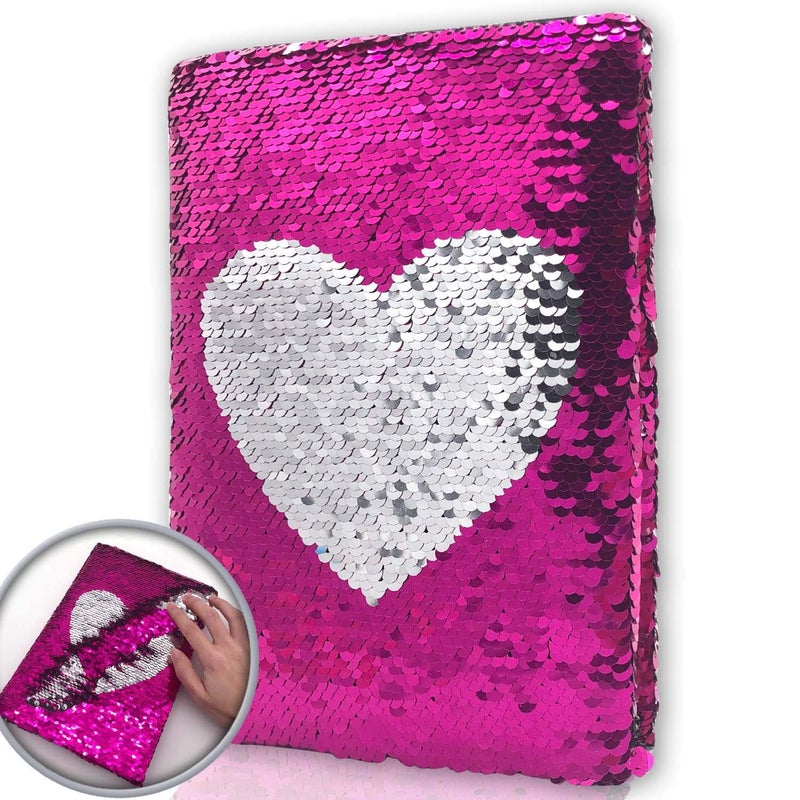 GINMLYDA Sequin Girls Journal for Kids 85x55 160 Lined Pages Diary for Girls Heart Pattern Reversible Flip Sequence Notebook for Teenage Pre School Writing Drawing Travel Gifts Rose RedSliver - Image 2