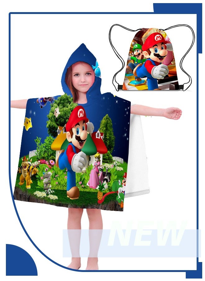 Gifobuby Mario Unisex Drawstring Bag and Kids Bathrobe Two Piece Set Theme Party Favors Birthday Party Decoration Kids Bath Wearable Towel Hooded Cape Bath Towel  - Image 1