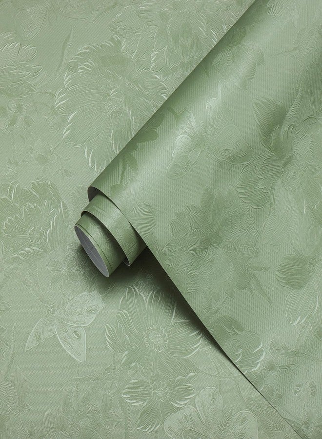 Erfoni 118"x17.7" Green Peel and Stick Wallpaper Floral Embossed Stick Peel Contact Paper Vintage Decorative Self Adhesive Wall Paper Green Flower Textured Removable Wallpaper for Accent Wall Covering - Image 1