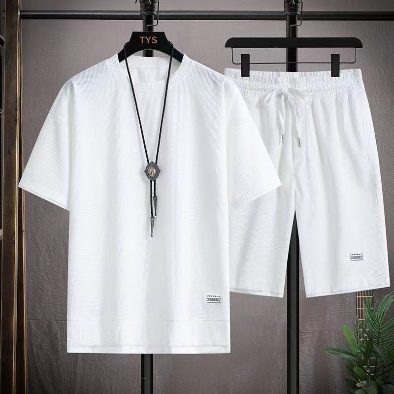 Mens Waffle Casual Set Summer Plus Size Sportswear T-Shirt Shorts Combo White [set of 940]]