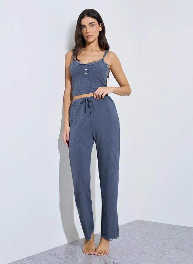 Styli Dark Grey Lace Cami Top and Pyjama Set