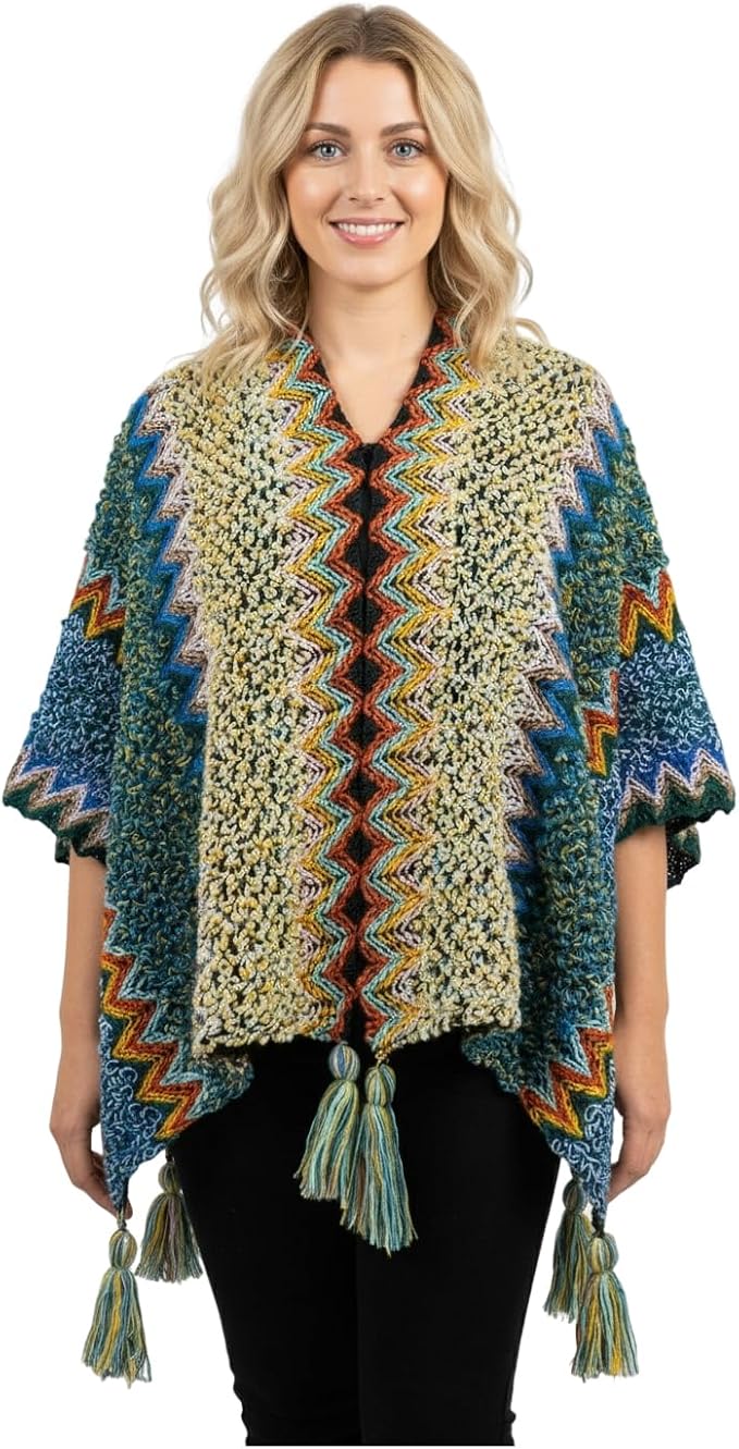 Fabienne Women’s Poncho Shawl Boho Zigzag Knit Wrap Open Front Warming Cardigan Sweater with Tassels Yellow - Image 1