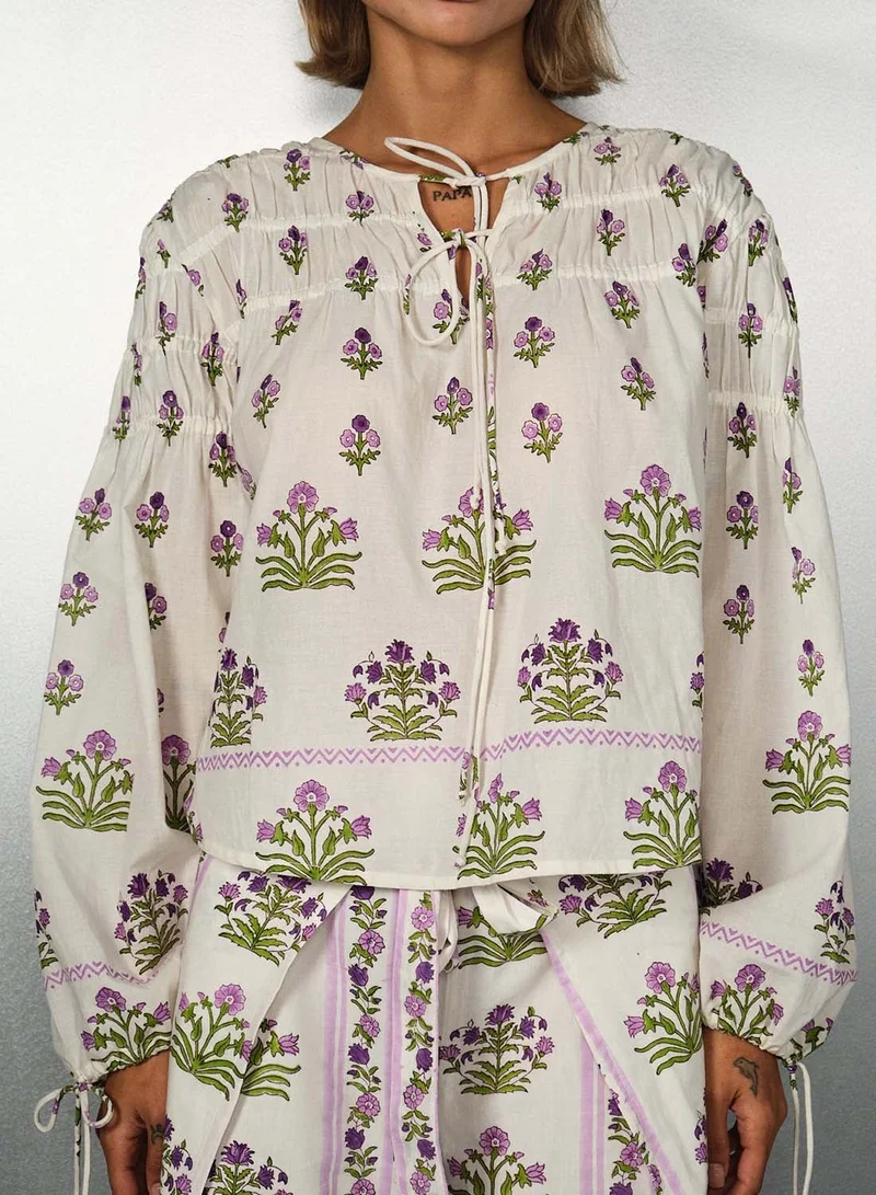 Virgio VIRGIO 100% Cotton Ruched Detail Block Print  Top