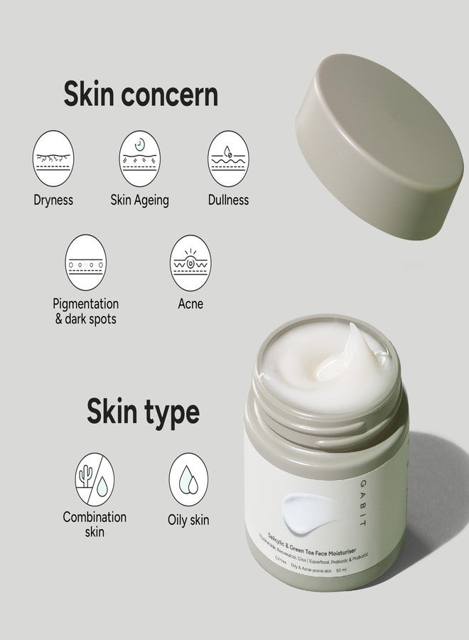 Gabit Salicylic Acid & Green Tea Face Moisturiser For Acne, Blackheads & Open Pores | 0.5% Salicylic, Oil free, Exfoliates, Brightens skin |Ceramides, Niacinamide, CiCa | For Women & Men, 50ml | Pack of 2 - Image 2