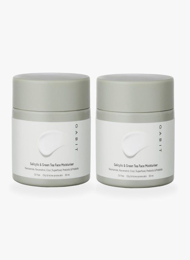 Gabit Salicylic Acid & Green Tea Face Moisturiser For Acne, Blackheads & Open Pores | 0.5% Salicylic, Oil free, Exfoliates, Brightens skin |Ceramides, Niacinamide, CiCa | For Women & Men, 50ml | Pack of 2 - Image 1