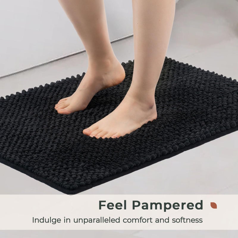 FRESHMINT Chenille Bathroom Rugs Sets 2 Piece 17""x24""+20""x32""  Non-Slip Bath Mats Set for Bathroom  Water Absorbent Bath Rug  Washable Set of 2 Shower Floor Mat Bathroom  Black - Image 1