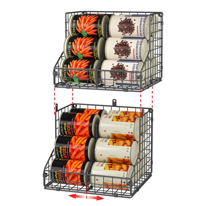 Stackable Can Organizer for Pantry with 2 Adjustable Dividers Soda Can Organizer Can Storage Dispenser Holds up to 28 Cans 2 tier Metal Wire Baskets Can Holder for Kitchen Cabinet Pantry Black