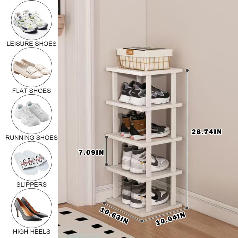 SAN HE Bamboo Shoe Rack 5Tier- Vertical White Shoe Rack for Small Spaces, Tall Narrow Shoe Rack Organizer for Closet Entryway Corner Garage and Bedroom,Skinny Shoe Shelf with Free Stackable DIY - Image 2