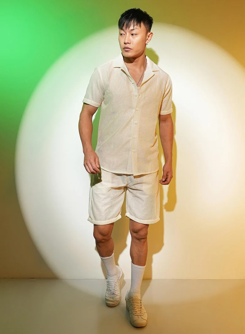 Campus Sutra Men's Ivory White Mesh Co-Ord Set For Casual Wear | Cuban Collar | Short Sleeve | Button Closure | Co-Ords Crafted With Comfort Fit For Everyday Wear