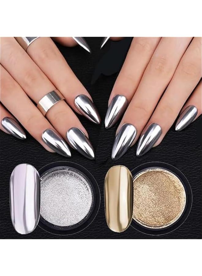 TRASSLE Chrome Nail Powder 2 Colors Champagne Gold Silver Nail Chrome Powder 3D Holographic Metallic Effect Chrome Powder for Gel Nails Manicure Nail Decoration - Image 1