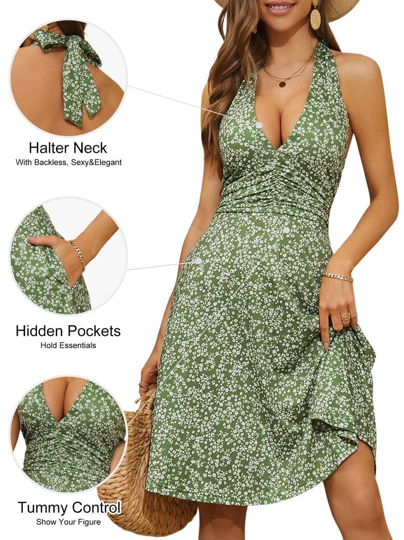 HUHOT Beach Dress for Women Sun Dresses Summer Casual Sexy Spring Dresses for Women 2025 Green Dress Bridal Shower Sundresses Halter Neck Tropical - Image 4