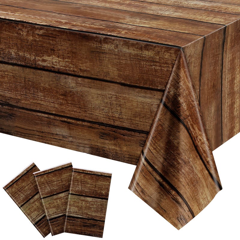 Irenare 3 Pcs Brown Wood Grain Tablecloths Rustic Plastic Table Covers for Rectangle Table, Vintage Farmhouse Tablecloth Decorations for Western Barn Birthday Wedding (54 x 108 Inches) - Image 1