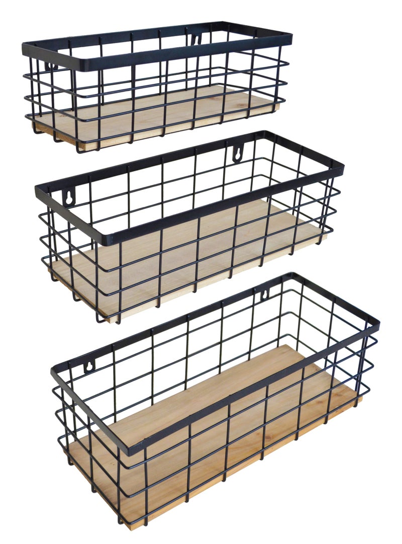 ShabbyDecor Metal Wire Basket Detachable Wood Base Storage Organizer Farmhouse Bin for Kitchen Cabinets  Bathroom  Pantry  Laundry Room  Closets Set of 3 Black Color - Image 2