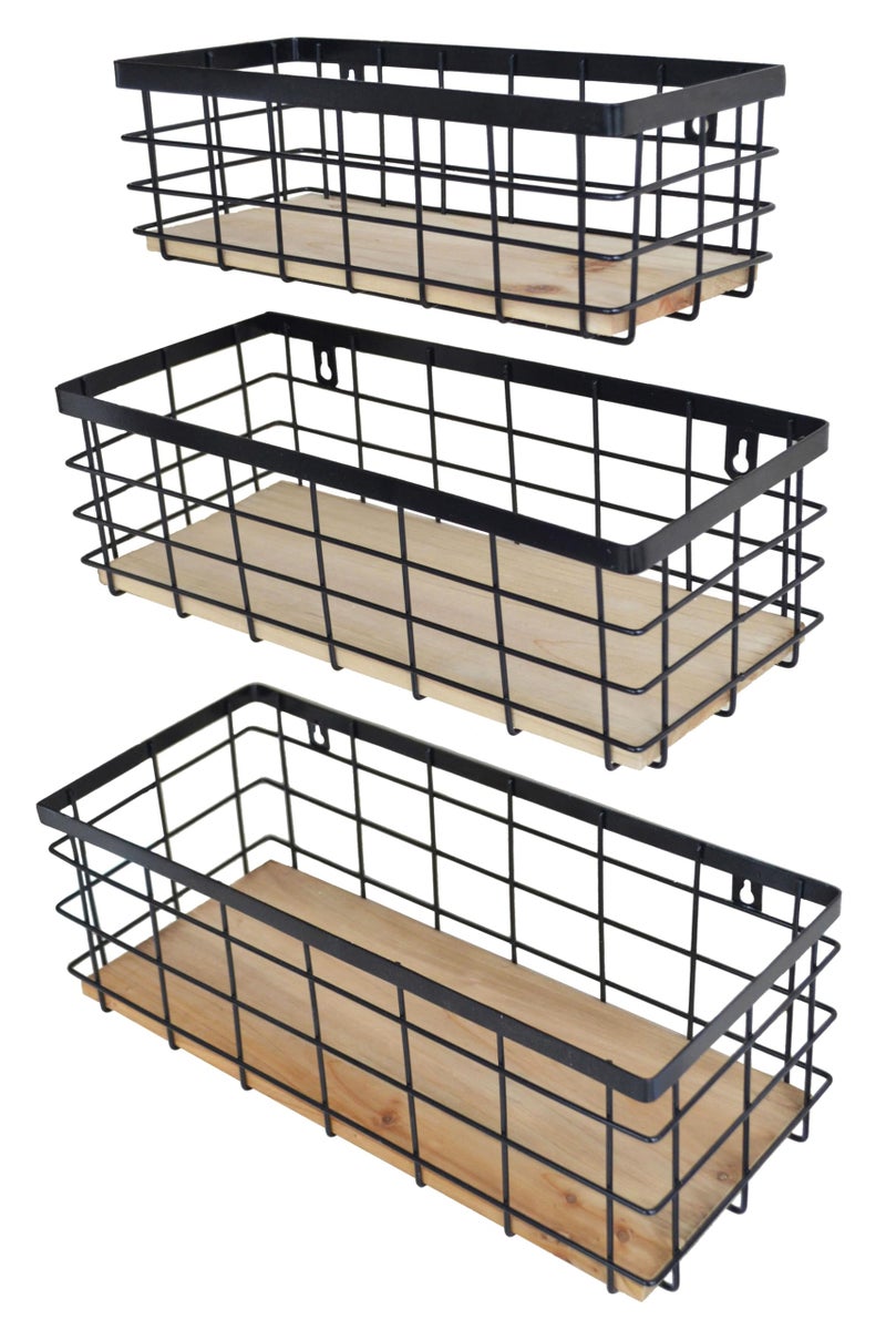 ShabbyDecor Metal Wire Basket Detachable Wood Base Storage Organizer Farmhouse Bin for Kitchen Cabinets  Bathroom  Pantry  Laundry Room  Closets Set of 3 Black Color - Image 3