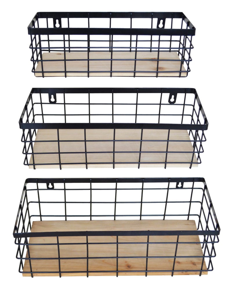 ShabbyDecor Metal Wire Basket Detachable Wood Base Storage Organizer Farmhouse Bin for Kitchen Cabinets  Bathroom  Pantry  Laundry Room  Closets Set of 3 Black Color - Image 1