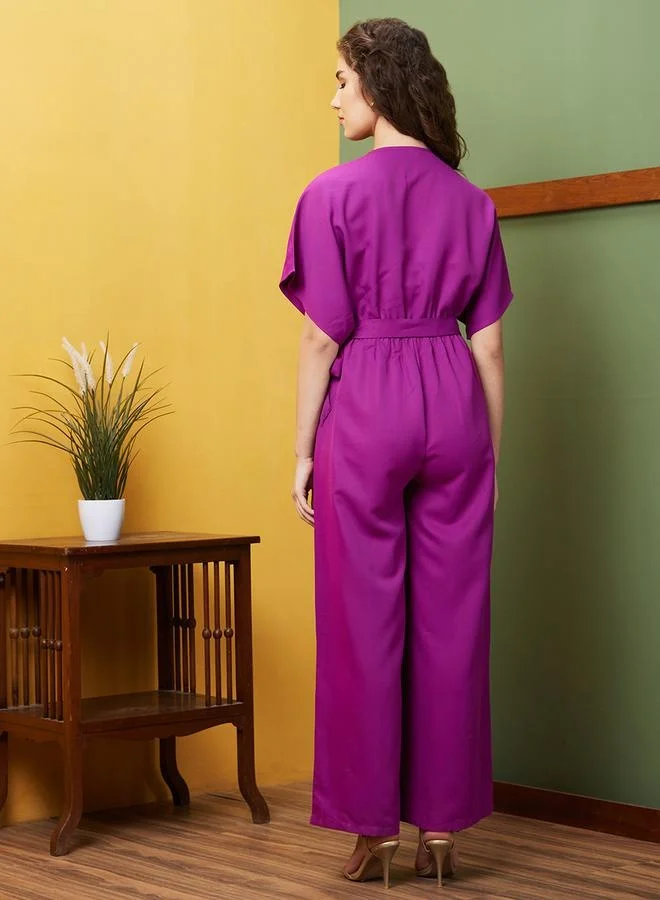 globus Globus Women Purple Round Neck With V Cut & Kimono Sleeves Waist Tie-Up Longline Jumpsuit by Styli
