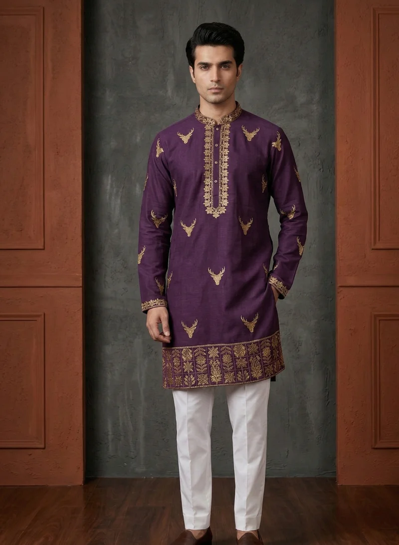 Lehar Men's Deep Plum Embroidered Kurta with Trousers