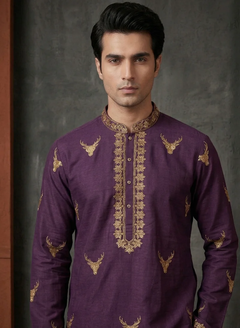 Lehar Men's Deep Plum Embroidered Kurta with Trousers