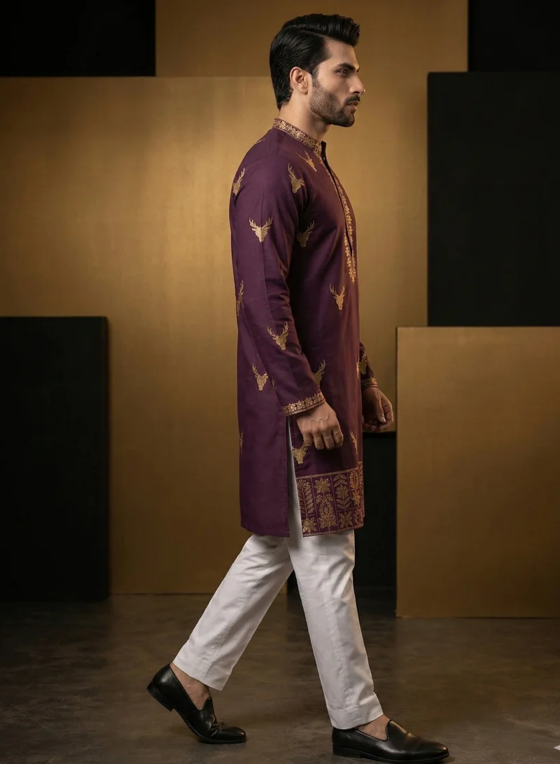 Lehar  Men's Deep Plum Embroidered Kurta with Trousers for Men | Best Price UAE