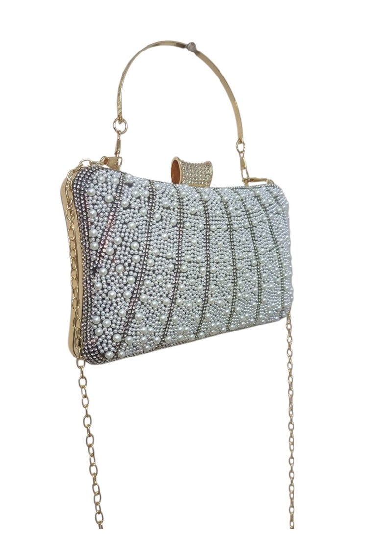 Women's Crystal & Pearl Evening Clutch Bag – Handbag and Crossbody Purse with Metal Handle for Parties & Special Occasions - Image 4