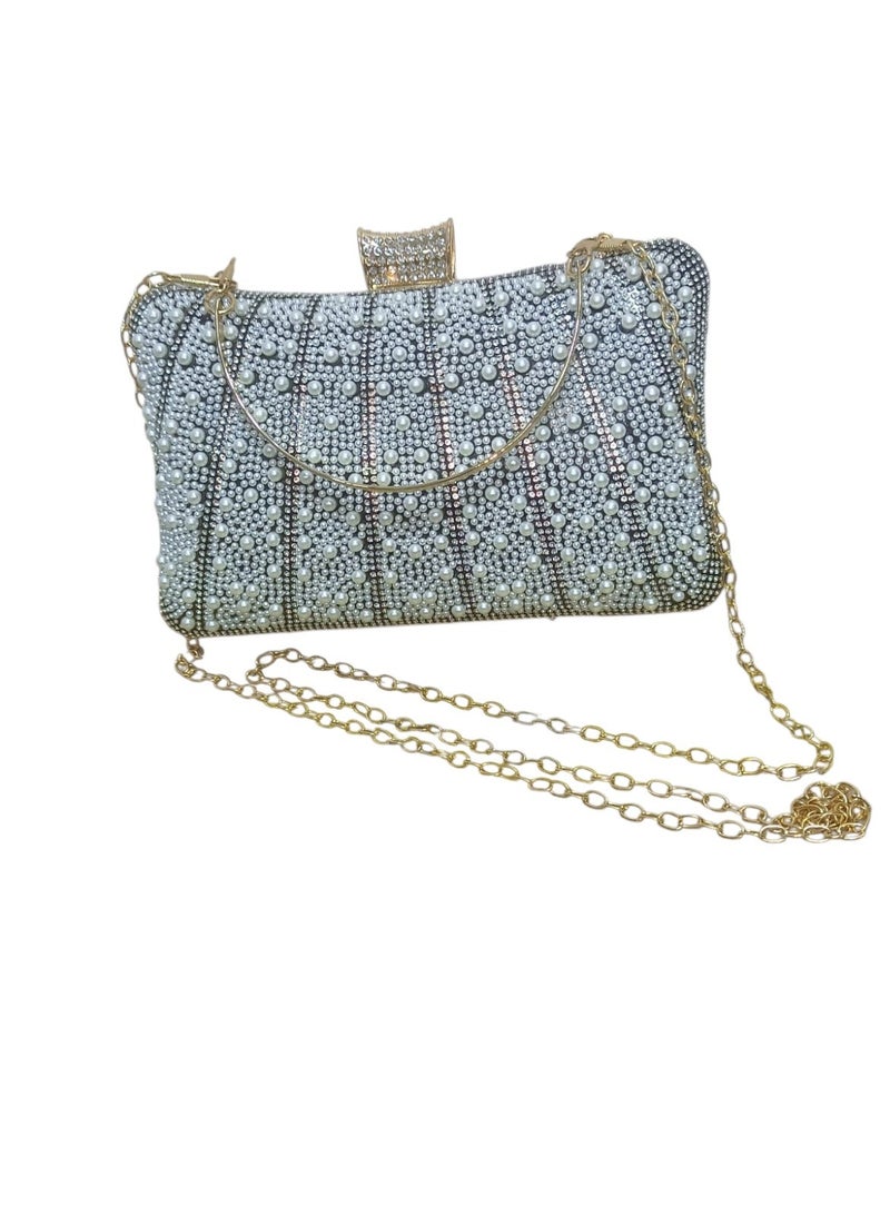 Women's Crystal & Pearl Evening Clutch Bag – Handbag and Crossbody Purse with Metal Handle for Parties & Special Occasions - Image 2