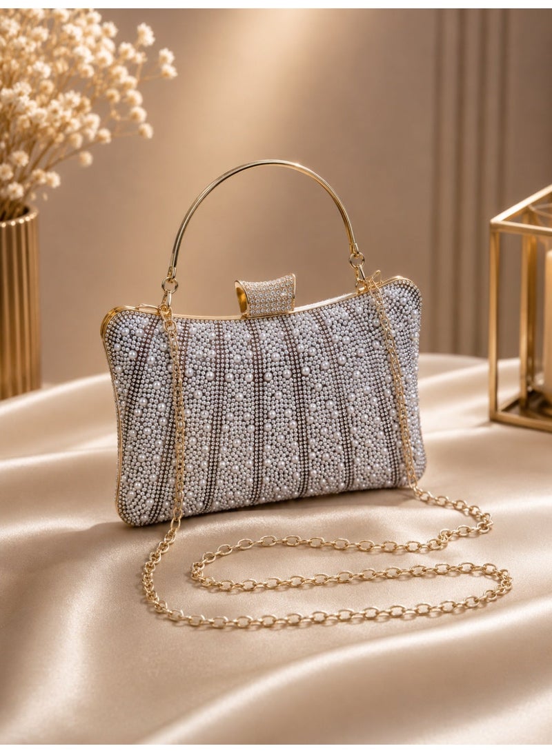 Women's Crystal & Pearl Evening Clutch Bag – Handbag and Crossbody Purse with Metal Handle for Parties & Special Occasions - Image 1