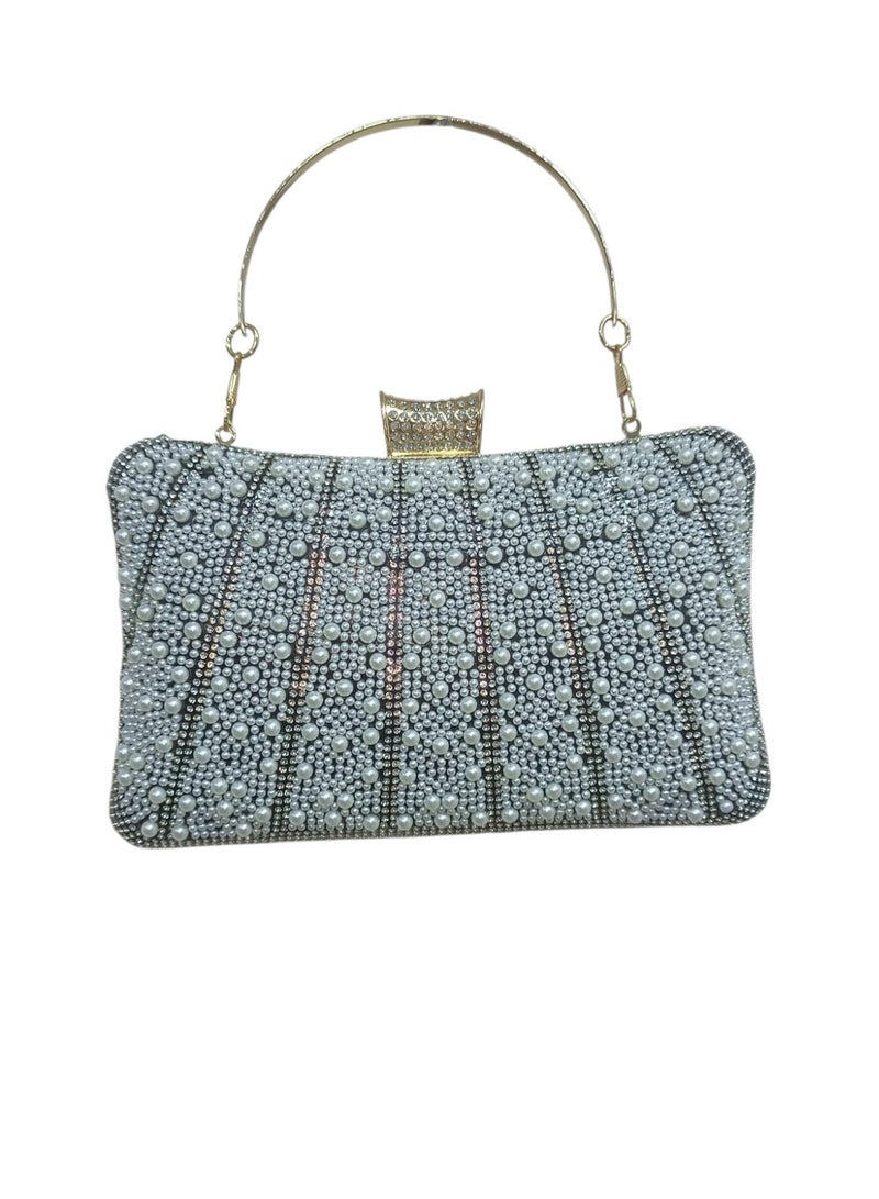 Women's Crystal & Pearl Evening Clutch Bag – Handbag and Crossbody Purse with Metal Handle for Parties & Special Occasions - Image 5