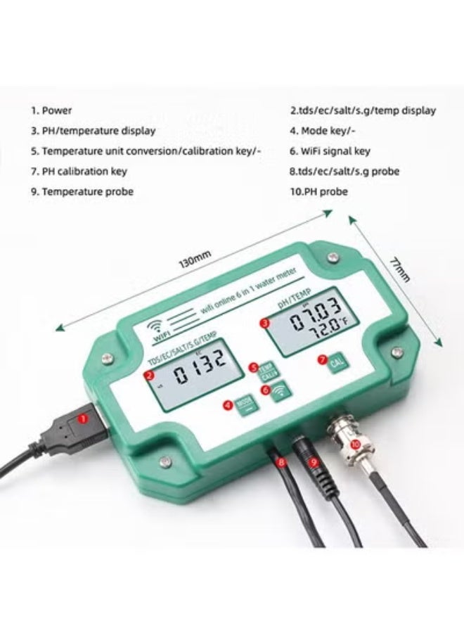 إسكدنيا Digital WiFi PH EC TDS SALT SG.Temp Meter Water Quality Tester Data Logger 6-in-1 Smart Monitor  - Image 5