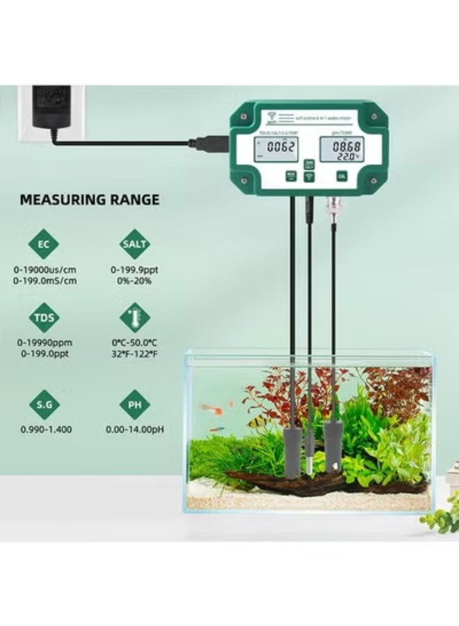 إسكدنيا Digital WiFi PH EC TDS SALT SG.Temp Meter Water Quality Tester Data Logger 6-in-1 Smart Monitor  - Image 2