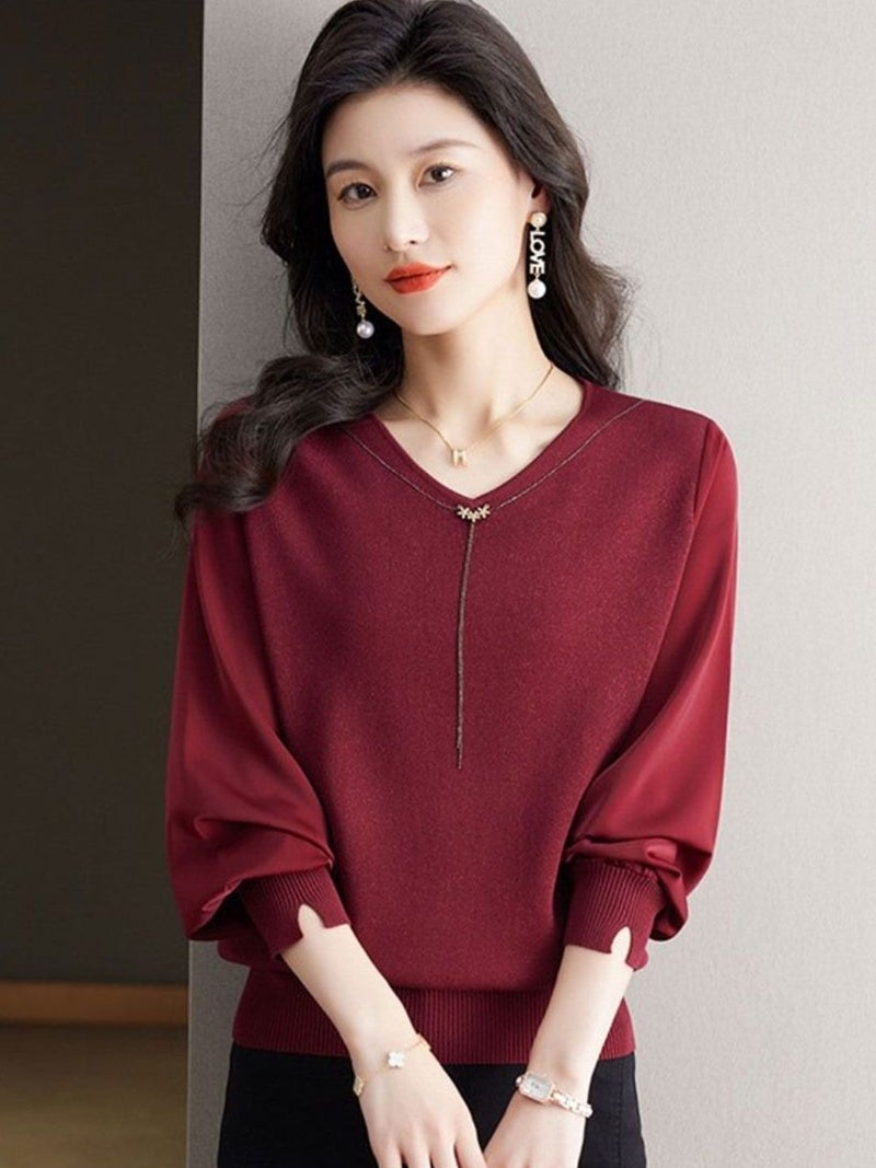 YUNIQEE سويت شيرت ماروني بأكمام طويلة وتصميم على شكل حرف V - Image 4