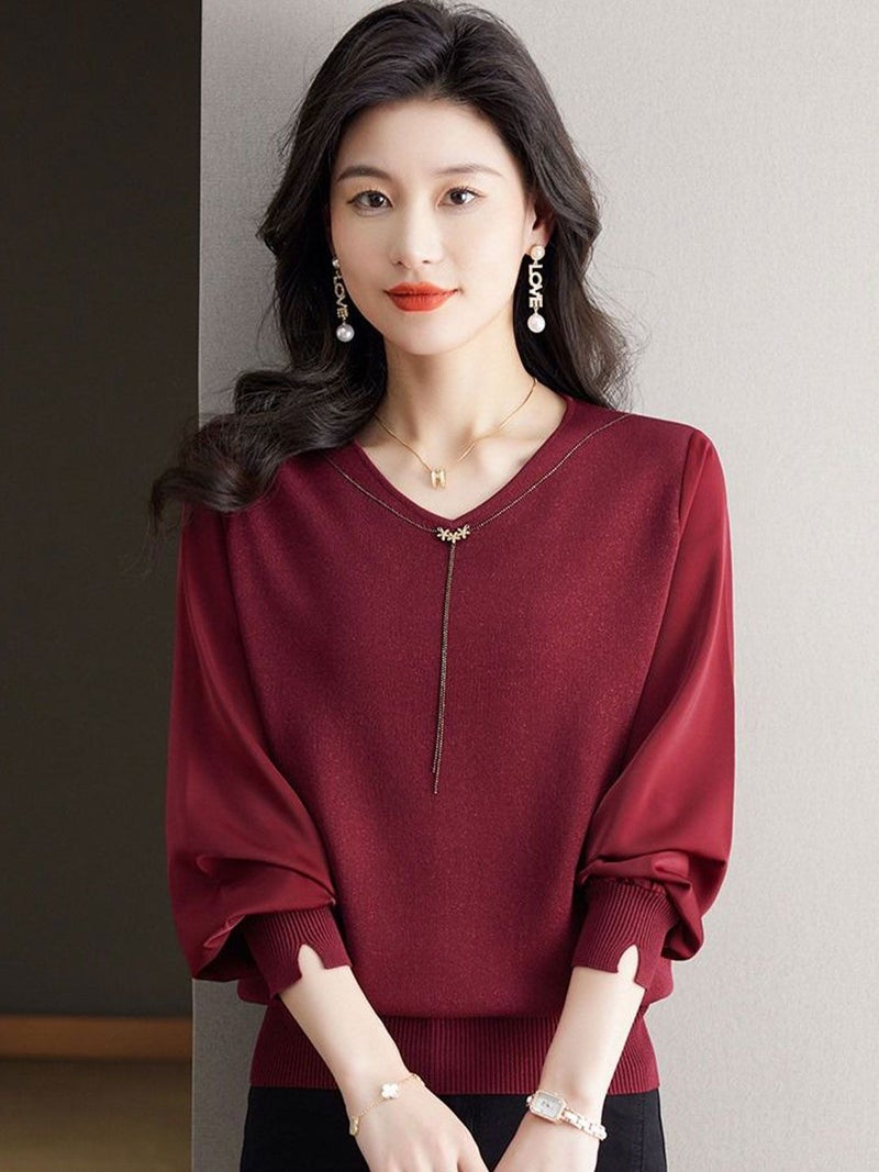 YUNIQEE سويت شيرت ماروني بأكمام طويلة وتصميم على شكل حرف V - Image 1