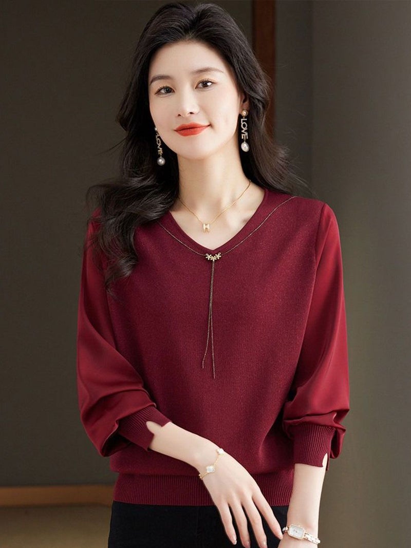 YUNIQEE سويت شيرت ماروني بأكمام طويلة وتصميم على شكل حرف V - Image 3