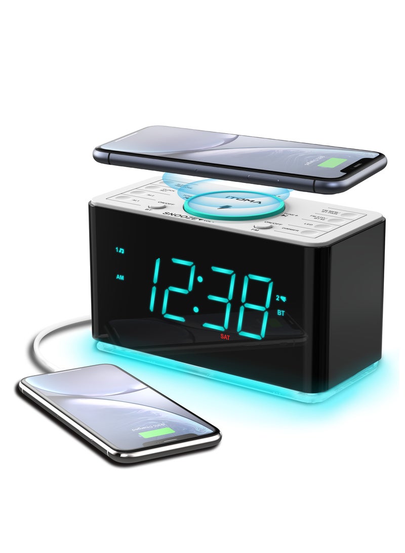 iTOMA 1.4" LED Display Digital Alarm Clock Radio with 15W Fast Wireless Charger & Bluetooth Speaker Bedside Clock with FM Radio,  LED Night Light for Bedroom, Home Office, Nightstand  - Image 1