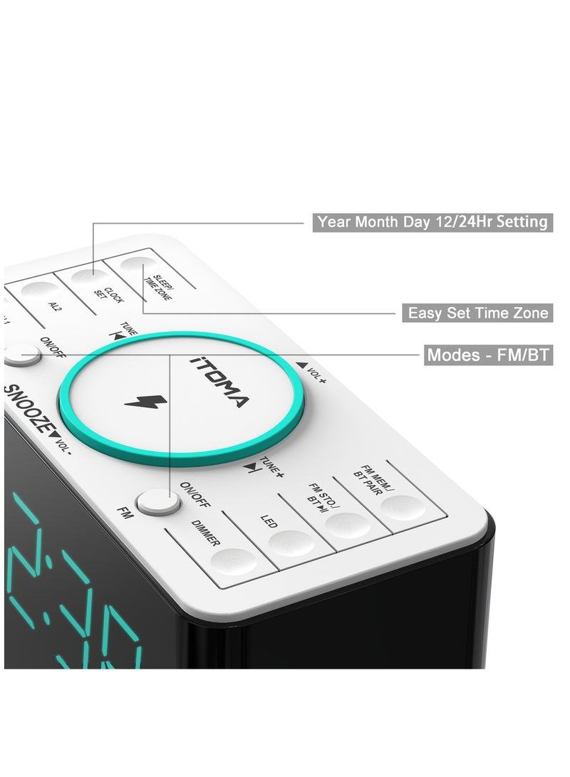 iTOMA 1.4" LED Display Digital Alarm Clock Radio with 15W Fast Wireless Charger & Bluetooth Speaker Bedside Clock with FM Radio,  LED Night Light for Bedroom, Home Office, Nightstand  - Image 2