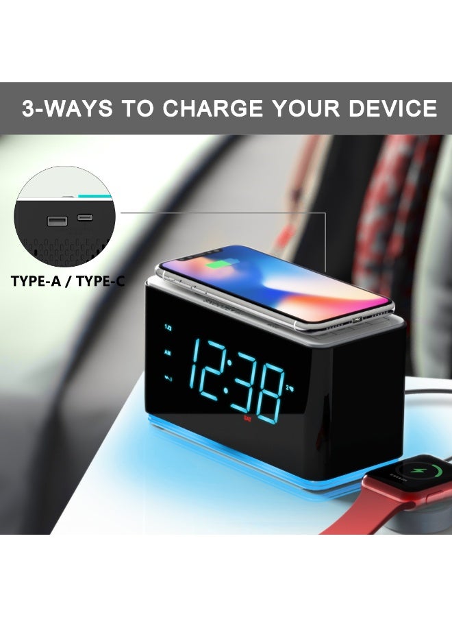 iTOMA 1.4" LED Display Digital Alarm Clock Radio with 15W Fast Wireless Charger & Bluetooth Speaker Bedside Clock with FM Radio,  LED Night Light for Bedroom, Home Office, Nightstand  - Image 5